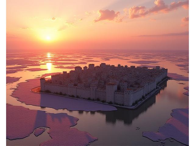 Vue aérienne des remparts d'Aigues-Mortes, une ville médiévale fortifiée dans les marais salants de Camargue, avec des étangs roses au coucher du soleil.